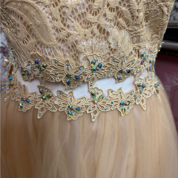 Chic Gold Lace Midi Dress - Picture 4 of 12